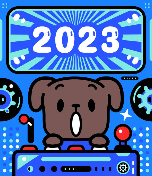 ein süßer hund steuert ein raumschiff mit unbegrenzter macht und feiert die ankunft von 2023 - driving speed humor video game stock-grafiken, -clipart, -cartoons und -symbole