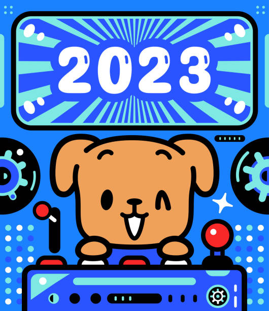 ein süßer hund steuert ein raumschiff mit unbegrenzter macht und feiert die ankunft von 2023 - driving speed humor video game stock-grafiken, -clipart, -cartoons und -symbole