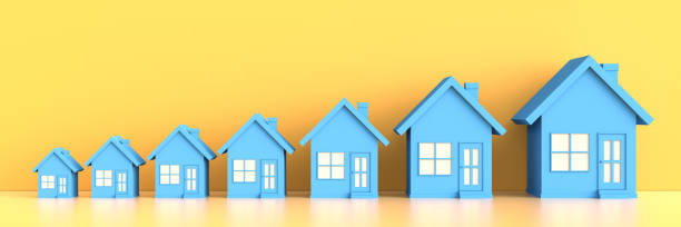 Blue house on yellow background. Hunting and searching concept stock photo