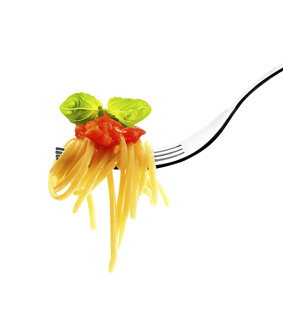 Pasta on a fork isolated on white backgorund