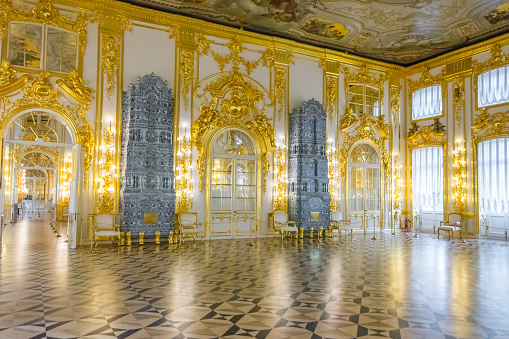 ST. PETERSBURG, RUSSIA - MAY 31, 2017: The Grand Catherine Palace - the official summer residence of three Russian monarchs, is located in the former Tsarskoye Selo ( Pushkin ). Interior and decoration of the Great Hall