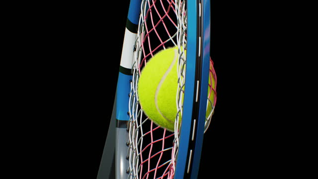 Tennis Ball Flying Between Two Playing Rackets in Slow Motion Close-up Looped 3d Animation. Seamless Illustration of Tennis Racket Hitting the Ball in Slow-motion. Sport Concept