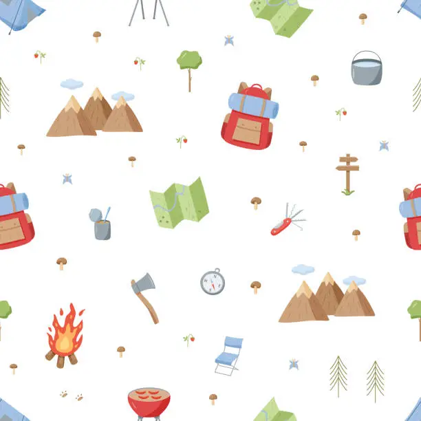 Vector illustration of Seamless Pattern Camping icons set. Vector illustration of hiking elements. Mountains, backpack, forest map.