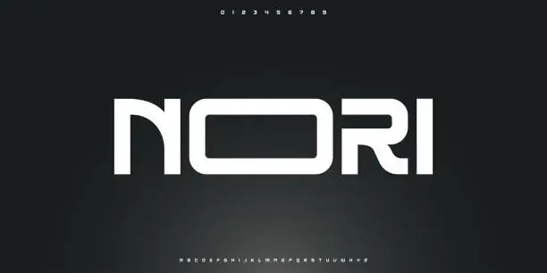 Vector illustration of NOORI Modern abstract digital tech font. Logo creative font, type, technology, movie, digital, music, movie. Font and illustration in vector format.