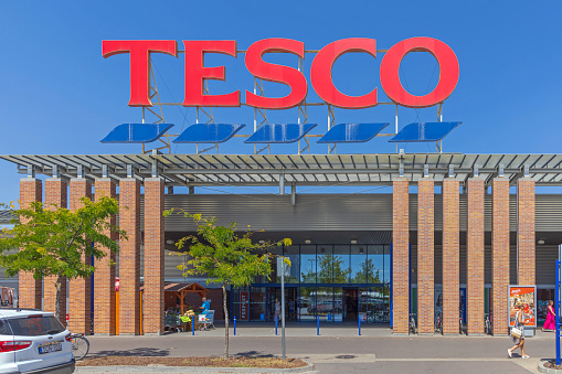 Szeged, Hungary - August 01, 2022: Large Tesco Supermarket and Shopping Mall Located in Sunshine Park.
