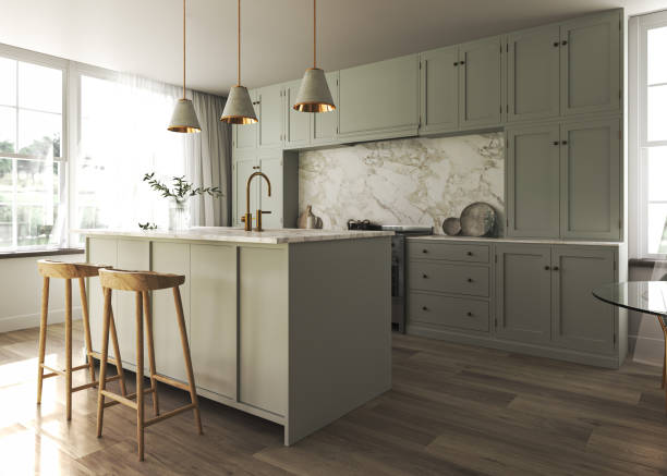 istock Japandi modern scandinavian style apartment kitchen interior design. Decoration with green pastel counter, wooden cabinet and marble counter top. 3d rendering. High quality 3d illustration 1461624459