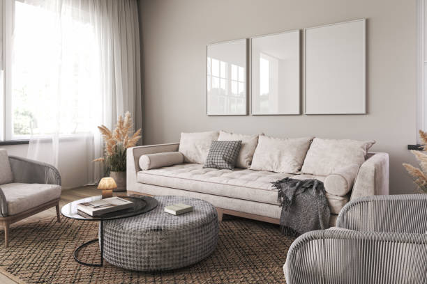 Modern scandinavian interior living room. Three picture frame. Empty wall mockup in white room with wooden floor and lots of dry plants. 3d render. High quality 3d illustration
