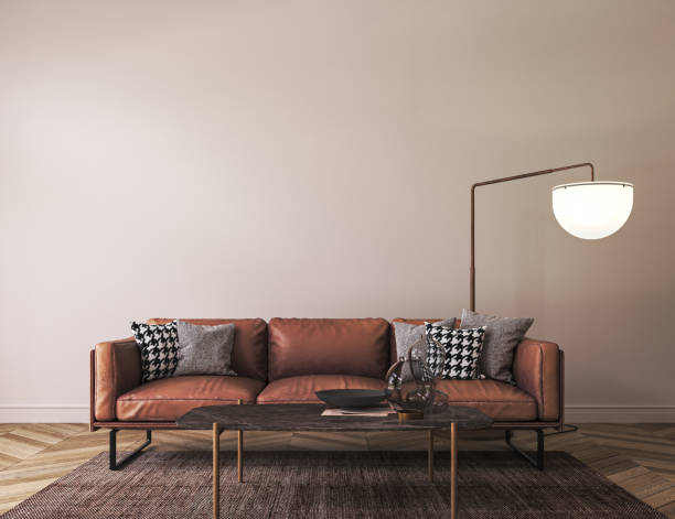 istock Light living room interior in loft with leather sofa, large lamp and decor. White wall mockup background. 3d render. High quality 3d illustration 1461624499