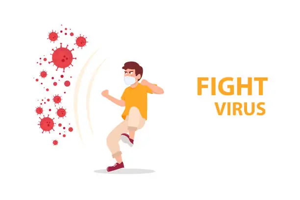 Vector illustration of Vector illustration fight covid-19 corona virus. cure corona virus. people fight virus concept. corona viruses vaccine concept. end of 2019-ncov. don't be afraid of the corona virus concept.