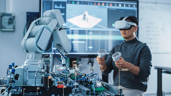 Computer Science Engineer in Virtual Reality Headset Using Controllers and Operating Robot Arm Under his Control. VFX Augmented Reality Icons Demonstrate Innovative Technologies Concept.