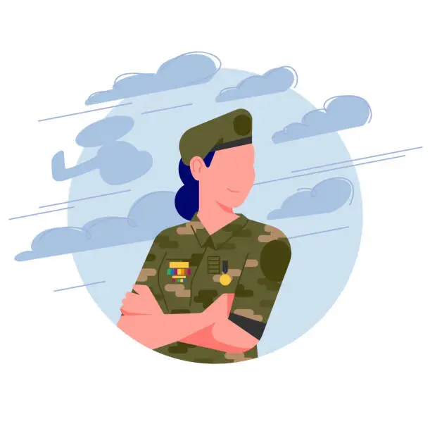 Vector illustration of Army soldier in minimal flat design. Military woman, personnel army dressed in camouflage uniform. Female soldier without weapon.