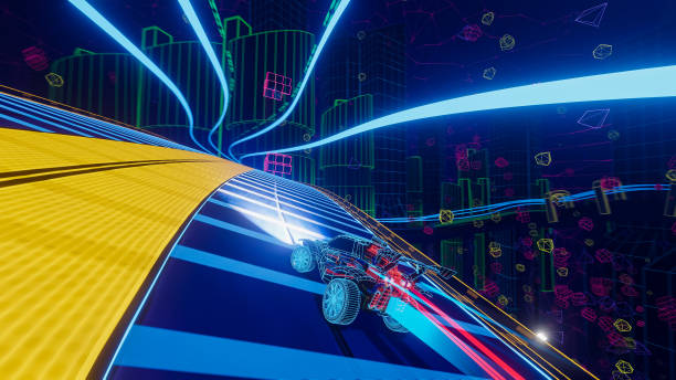 gameplay of an off-road racing video game in 3d render of polygon space. computer generated car driving fast and drifting on futuristic neon colored road. vfx illustration. third-person view. - racing game imagens e fotografias de stock