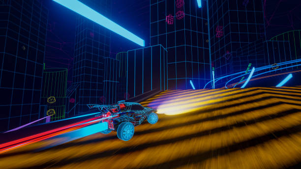 gameplay of an off-road racing video game in 3d render of polygon space. computer generated car driving fast and drifting on futuristic neon road. vfx illustration. third-person view. - racing game imagens e fotografias de stock