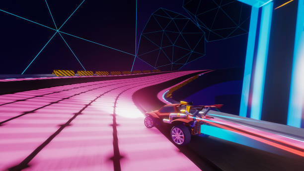 gameplay di un videogioco di corse fuoristrada in uno spazio fantasy fantascientifico futuristico. rendering 3d generato al computer della guida dell'auto e della deriva su una strada futuristica. illustrazione vfx. vista in terza persona. - racing game foto e immagini stock