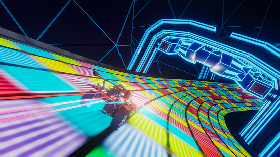 Gameplay of an Off-Road Racing Video Game in Futuristic Sci-Fi Fantasy Space. Computer Generated 3D Render of Car Driving Fast and Drifting on Futuristic Road. VFX Illustration. Third-Person View.