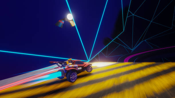 gameplay of an off-road racing video game in futuristic sci-fi fantasy space. computer generated 3d render of fast car driving and drifting on futuristic track. vfx illustration. third-person view. - racing game imagens e fotografias de stock
