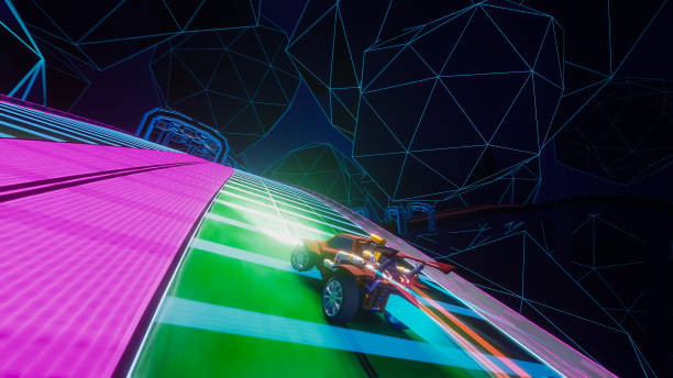 gameplay of an off-road racing video game in futuristic sci-fi fantasy space. computer generated 3d render of fast car driving and drifting on neon track. vfx illustration. third-person perspective. - racing game imagens e fotografias de stock