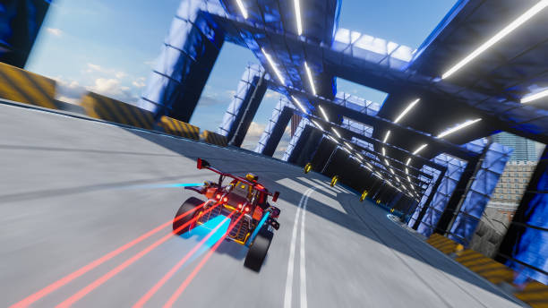 Off-Road Racing Arcade Video Game Set in Chaotic City. Computer Generated 3D Render of Car Driving Fast and Drifting, Collecting Coins on Highway. VFX Illustration. Third-Person View Gameplay. videojuego arcade de carreras off-road ambientado en chaotic city. renderizado 3d generado por computadora de automóviles conduciendo rápido y a la deriva, recolectando monedas en la carretera. ilustración de efectos visuales. jugabilidad de vista en te