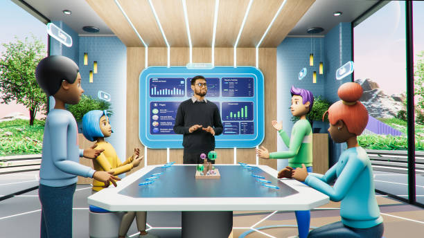 istock Online Business Meeting in Virtual Reality Office. Project Manager Talking to a Group of Internet Avatars of Colleagues Sitting at a Table. 3D Meta Universe Concept, Working from Home. 1461627970