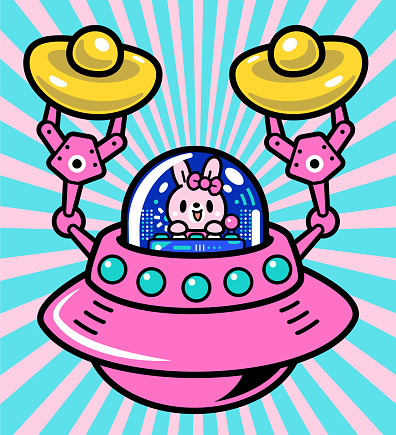 Cartoon Characters Design Vector Art Illustration. 
A cute bunny is piloting an Unlimited Power Spaceship into the metaverse to earn Gold Ingots.