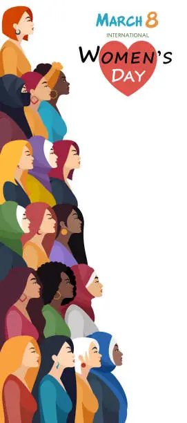 Vector illustration of International Women’s Day Poster. Multiracial Group of Women.
