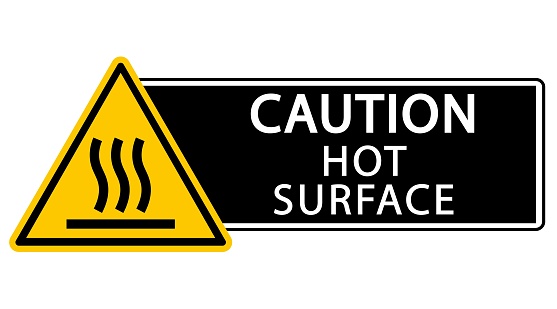 Caution hot surface. Yellow triangle warning sign with symbol. Text by right side on black background