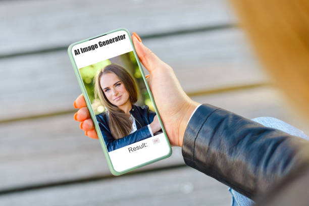 Woman using AI,Artificial Intelligence software on mobile phone to create realistic looking computer generated womans face image. Woman using AI,Artificial Intelligence software on mobile phone to create realistic looking computer generated womans face image. ai generated image stock pictures, royalty-free photos & images