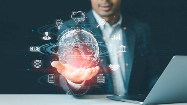 istock Businessman hand holding virtual Global Internet connection metaverse Business global internet connection application technology and digital marketing, Financial banking, Digital link tech, big data. 1461632086