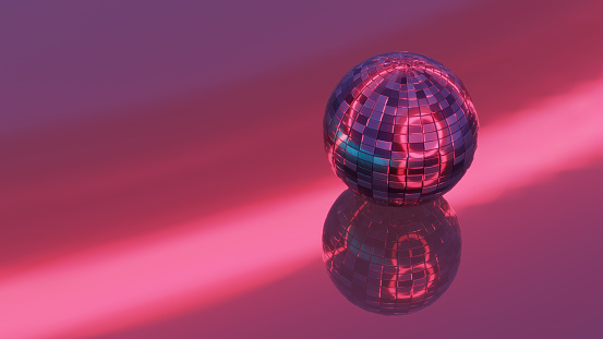 Disco ball on reflective background for clean copy space. 3D digital render