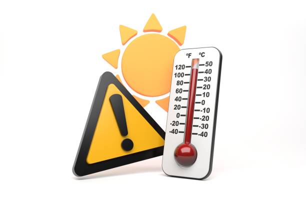 A yellow stylised sun with a yellow warning sign and large thermometer isolated on a plain white background 3D render