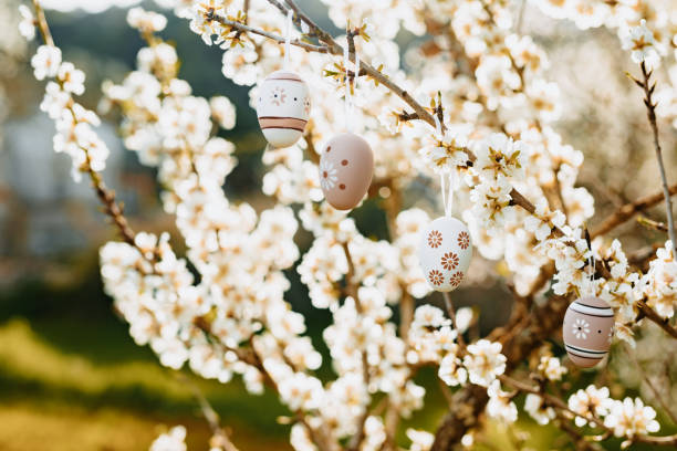 istock Four beautiful boho easter eggs in bright beige and brown tones hanging in between almond blossoms on an almond tree on the island Mallorca 1461634750
