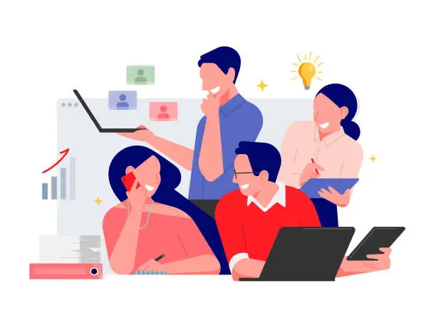 Vector illustration of Startup colleagues work together. Business concept minimal illustration. Businessman and Businesswoman taking part in business activities. Teamwork in the office.