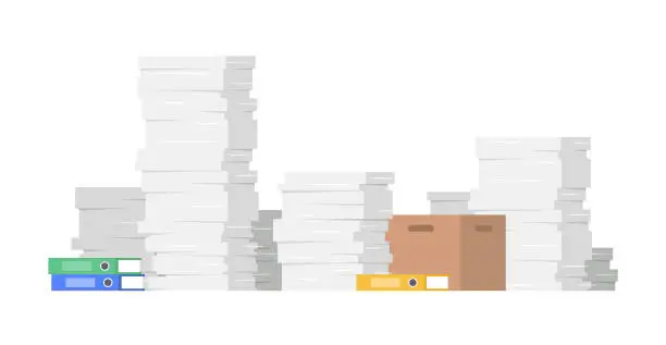 Vector illustration of A pile of paper documents and work. Green, blue and yellow office file organiser. Brown carton paper box containing documents. Bureaucracy, and paperwork in office. Vector illustration in flat style