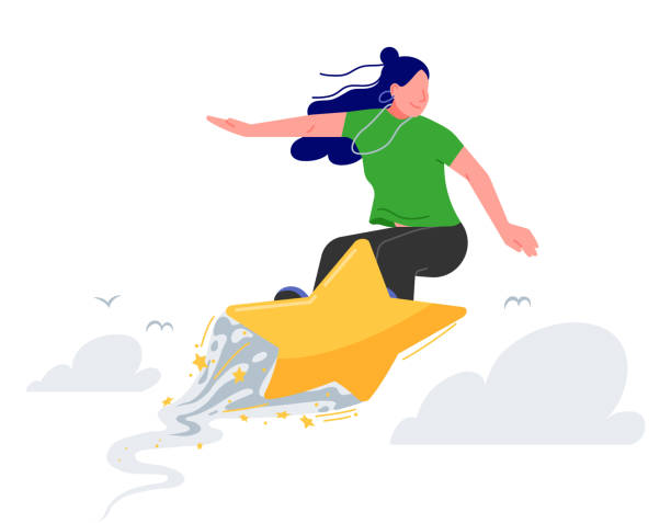 ilustrações de stock, clip art, desenhos animados e ícones de young woman surfing the sky on a star-shaped surfboard. riding on a star vector illustration. successful businesswoman flying in the clouds - surfing sport extreme sports success