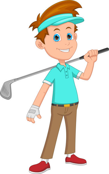 cartoon słodki mały chłopiec grający w golfa - golf child sport humor stock illustrations