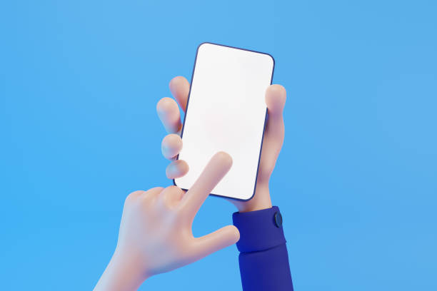 istock 3D Cartoon hand holding smartphone mockup blank screen isolated on blue background, Hand using mobile phone mockup. 3d render illustration 1461641179