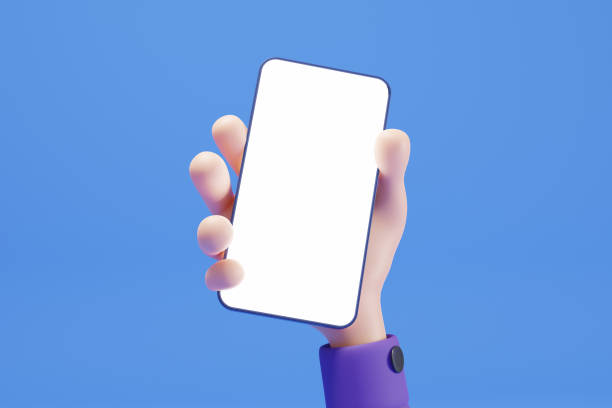 istock 3D Cartoon hand holding smartphone isolated on blue background, Hand using mobile phone mockup. 3d render illustration 1461641183