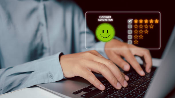 istock Rating with five stars for customer satisfaction concept. face icon with happiness positive emotion smiley face icon and five star with copy space. 1461642292