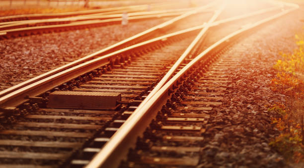 vue du chemin de fer à niveau au coucher du soleil en été. - railroad junction photos et images de collection