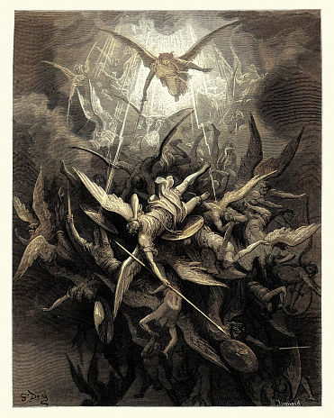 Vintage engraving by Gustave Dore, from Milton's Paradise Lost. Him the Almightly Power, Hurled headlong flaming from the ethereal sky. Book I, lines 44, 45.