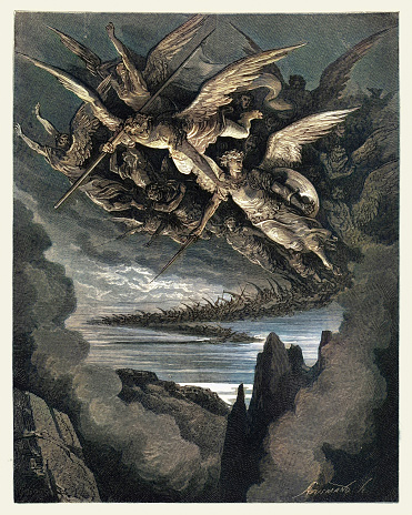 Vintage engraving by Gustave Dore, from Milton's Paradise Lost. So numberless were those bad Angels seen, Hovering on the wing, under the cope of Hell. Book I, lines 344, 345.