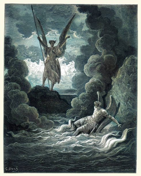 Forthwith upright he rears from off the pool, His mighty stature, Milton's Paradise Lost, Gustave Dore Vintage engraving by Gustave Dore, from Milton's Paradise Lost. Forthwith upright he rears from off the pool, His mighty stature. Book I, lines 221, 222. spiritual warfare stock illustrations