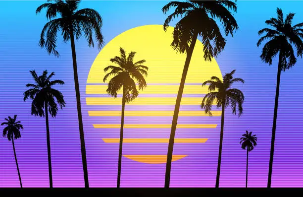 Vector illustration of Synthwave retro background - palm trees