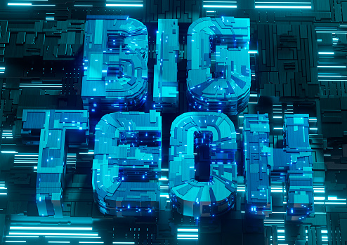 Letra símbolo de Big Tech Company. Fondo tecnológico con luces de neón azules photo