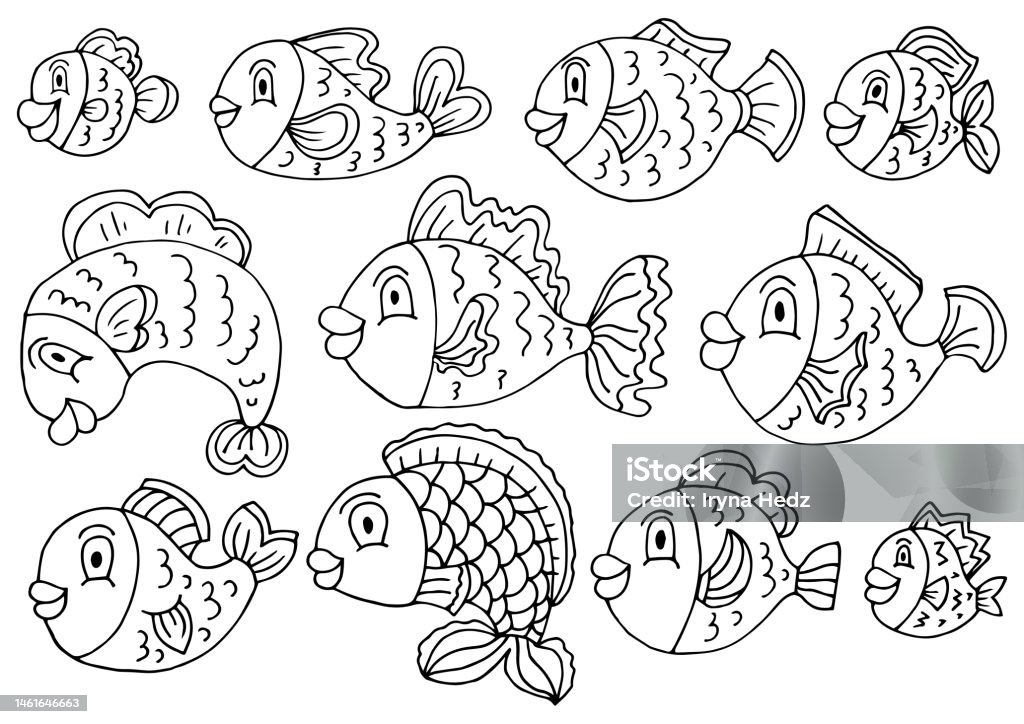Hand Drawn Fish Set In Line Style Coloring Page Vector Illustration ...