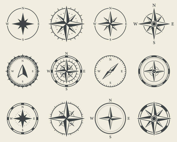 illustrations, cliparts, dessins animés et icônes de aventure direction flèche vers nord-sud-ouest orientation navigateur pictogramme moderne. jeu d’icônes de silhouette de carte de boussole. rose wind navigation retro equipment sign. illustration vectorielle isolée - boussoles