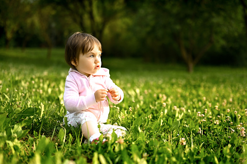 portrait of a little girl in a lawn.
