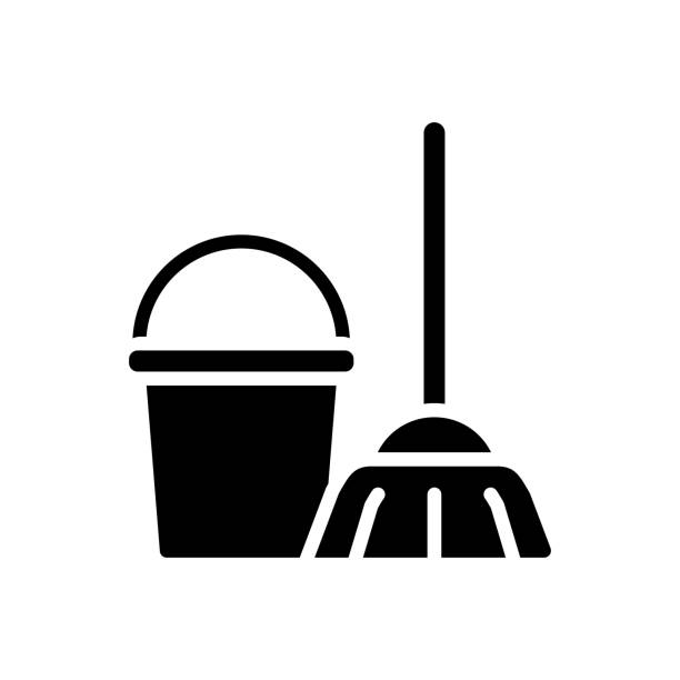 Sanitation services black glyph icon Sanitation services black glyph icon. Housekeeping. Cleaning equipment. Mop and bucket. Utility service. Silhouette symbol on white space. Solid pictogram. Vector isolated illustration custodian silhouette stock illustrations