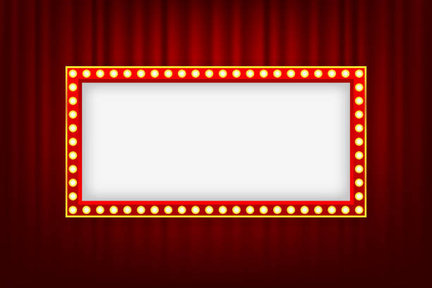 istock Retro lightbox with light bulbs on a silky luxury curtain stage. Vintage theater signboard mockup. Red commercial announcement banner. Vector illustration. 1461649454