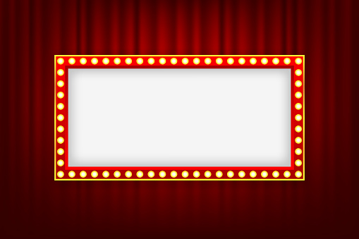 Retro lightbox with light bulbs on a silky luxury curtain stage. Vintage theater signboard mockup. Red commercial announcement banner. Vector illustration